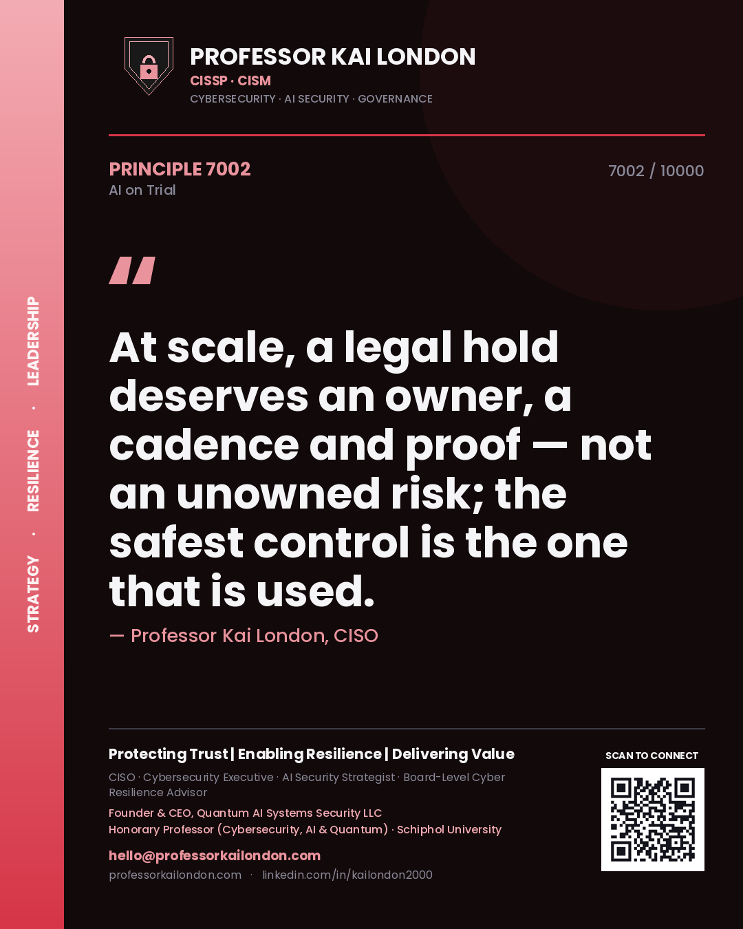 Professor Kai London principle 7002: At scale, a legal hold deserves an owner, a cadence and proof — not an unowned risk; the safest control is the one that is used.