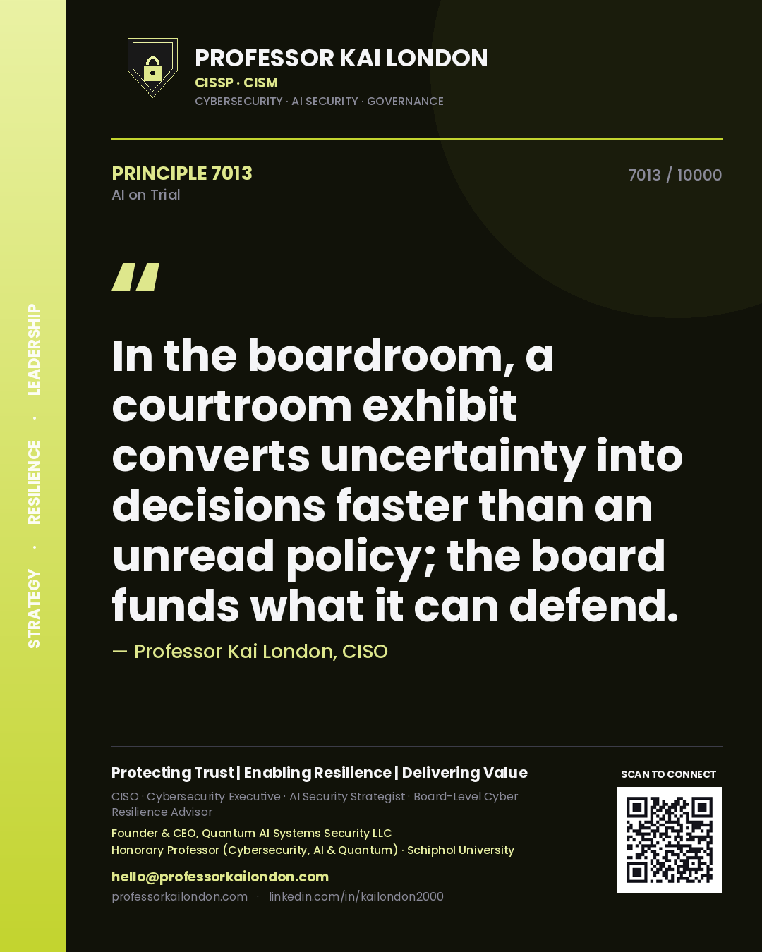 Professor Kai London principle 7013: In the boardroom, a courtroom exhibit converts uncertainty into decisions faster than an unread policy; the board funds what it can defend.