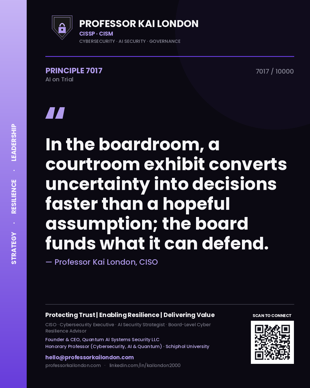 Quote card by Professor Kai London reading 'In the boardroom, a courtroom exhibit converts uncertainty into decisions faster than a hopeful assumption; the board funds what it can defend.'. From the book AI on Trial.