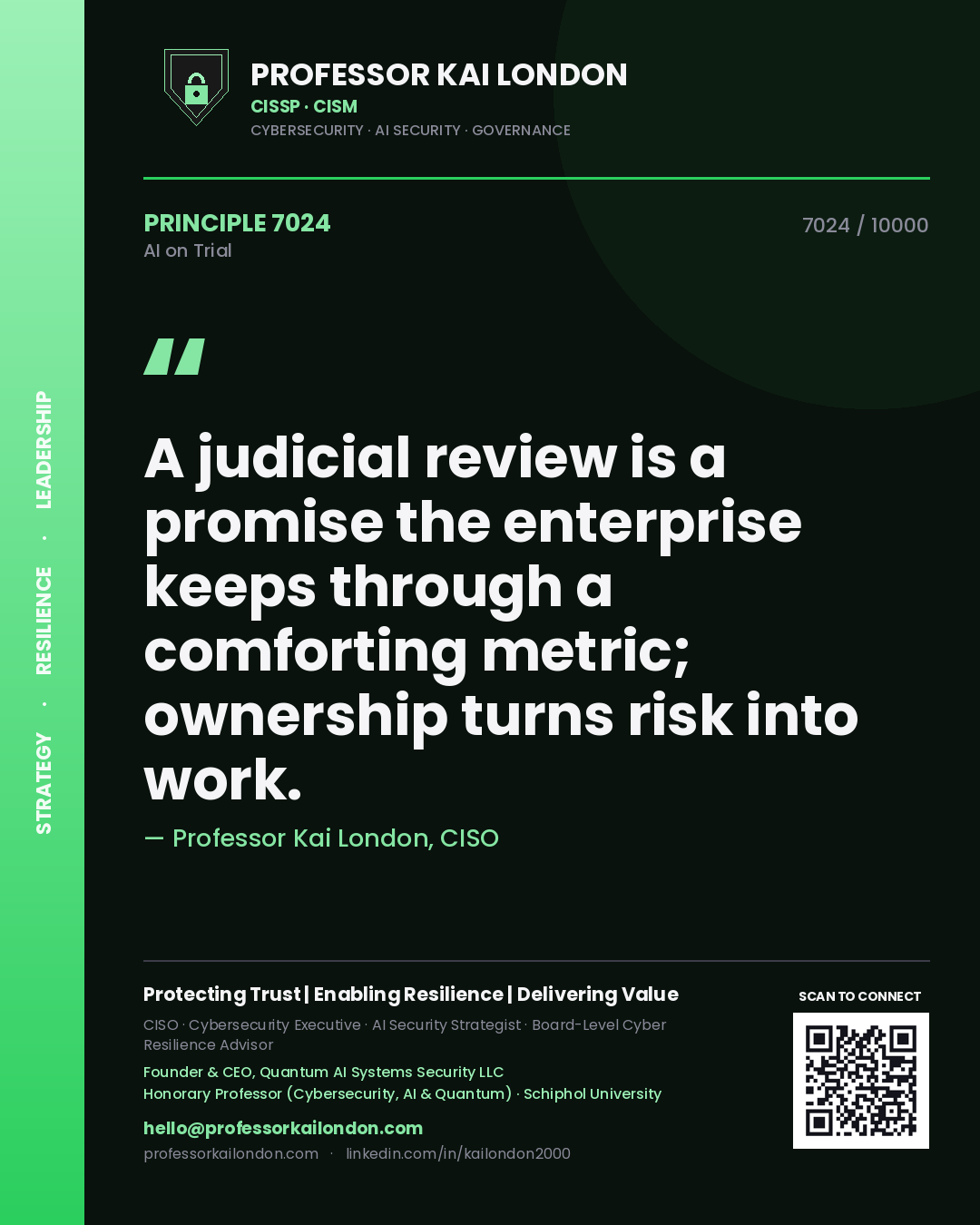 Professor Kai London principle 7024: A judicial review is a promise the enterprise keeps through a comforting metric; ownership turns risk into work.