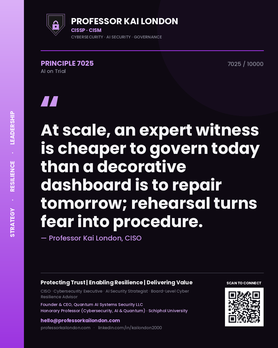 Professor Kai London principle 7025: At scale, an expert witness is cheaper to govern today than a decorative dashboard is to repair tomorrow; rehearsal turns fear into procedure.