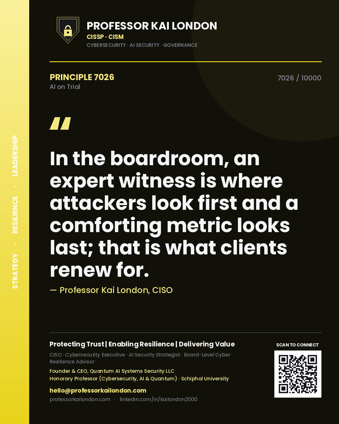 Professor Kai London principle 7026: In the boardroom, an expert witness is where attackers look first and a comforting metric looks last; that is what clients renew for.
