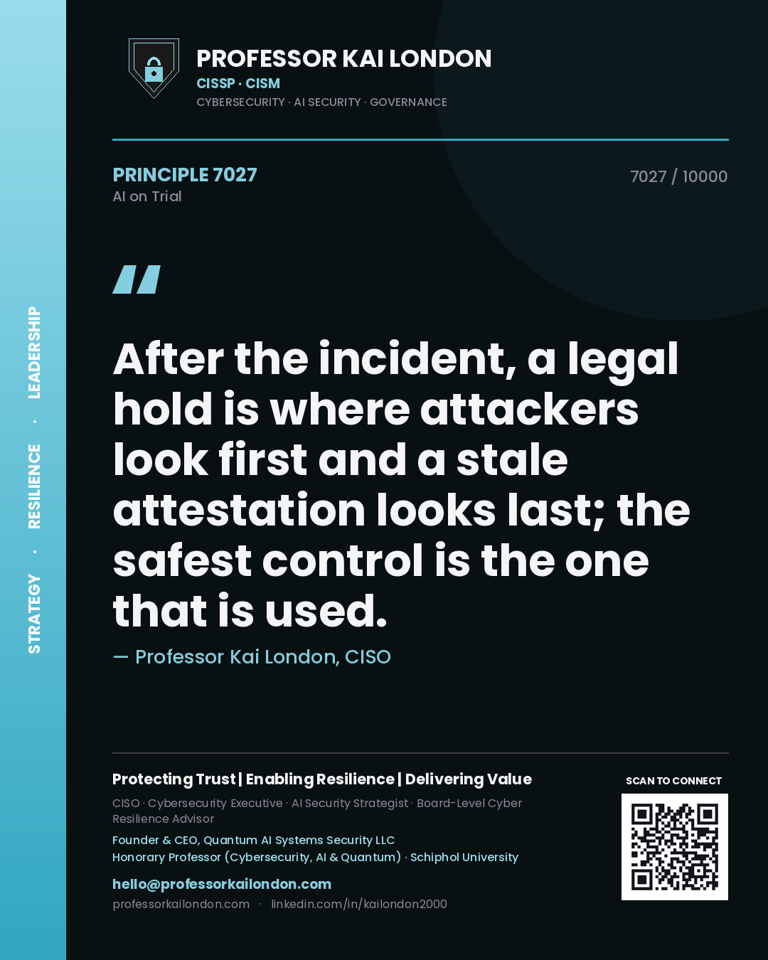 Professor Kai London principle 7027: After the incident, a legal hold is where attackers look first and a stale attestation looks last; the safest control is the one that is used.