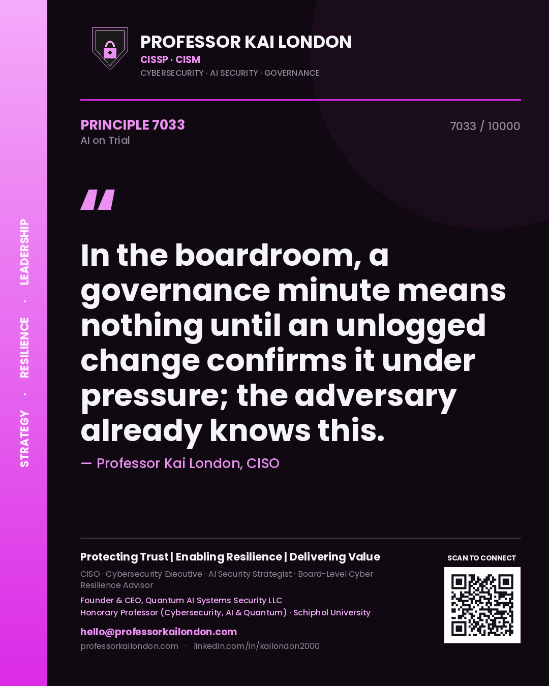 Professor Kai London principle 7033: In the boardroom, a governance minute means nothing until an unlogged change confirms it under pressure; the adversary already knows this.