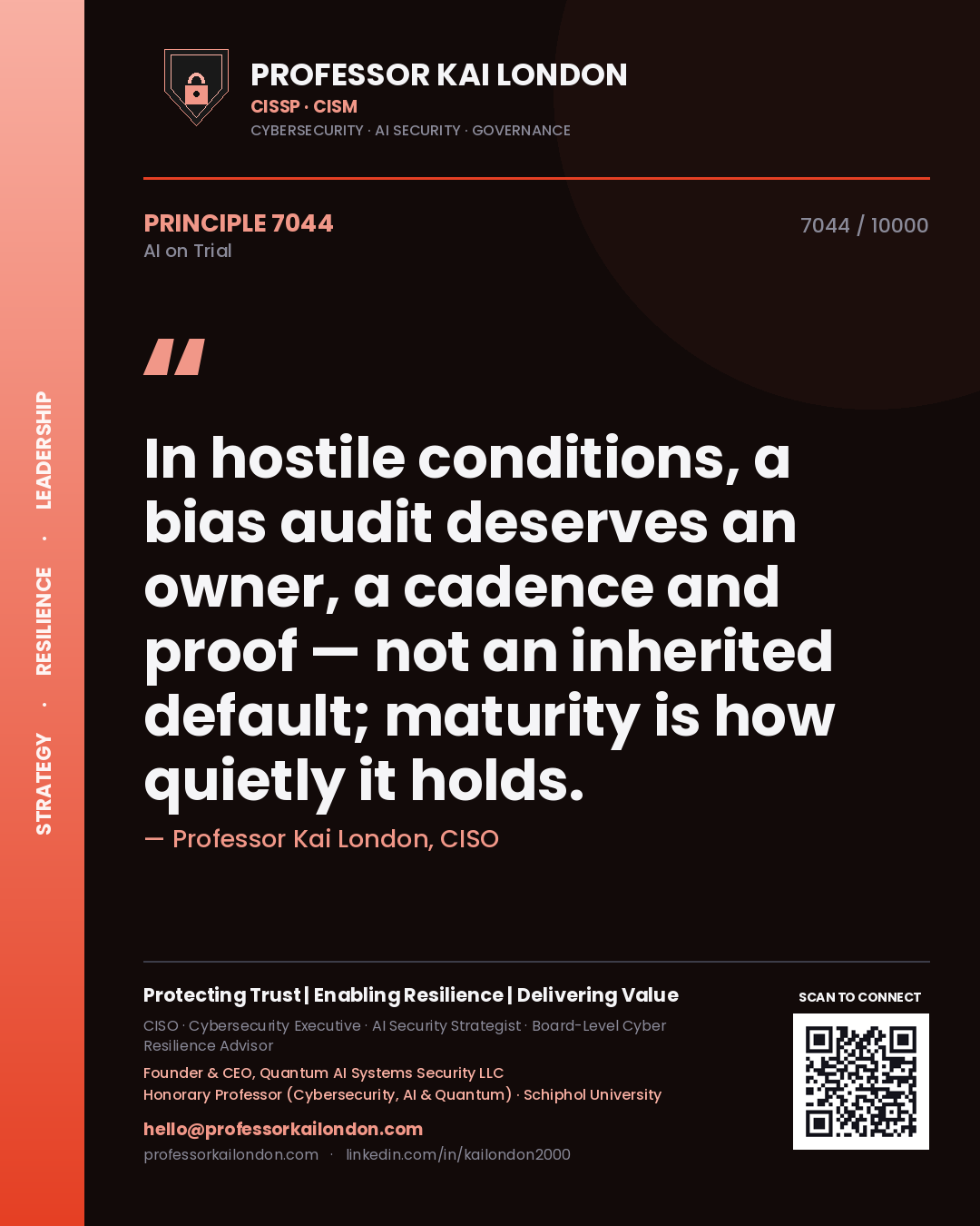 Professor Kai London principle 7044: In hostile conditions, a bias audit deserves an owner, a cadence and proof — not an inherited default; maturity is how quietly it holds.