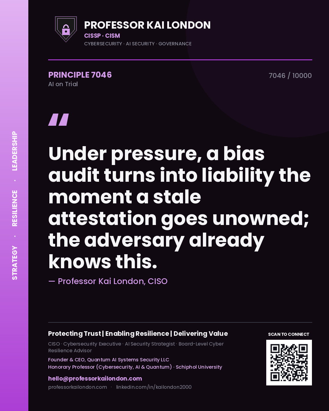 Professor Kai London principle 7046: Under pressure, a bias audit turns into liability the moment a stale attestation goes unowned; the adversary already knows this.