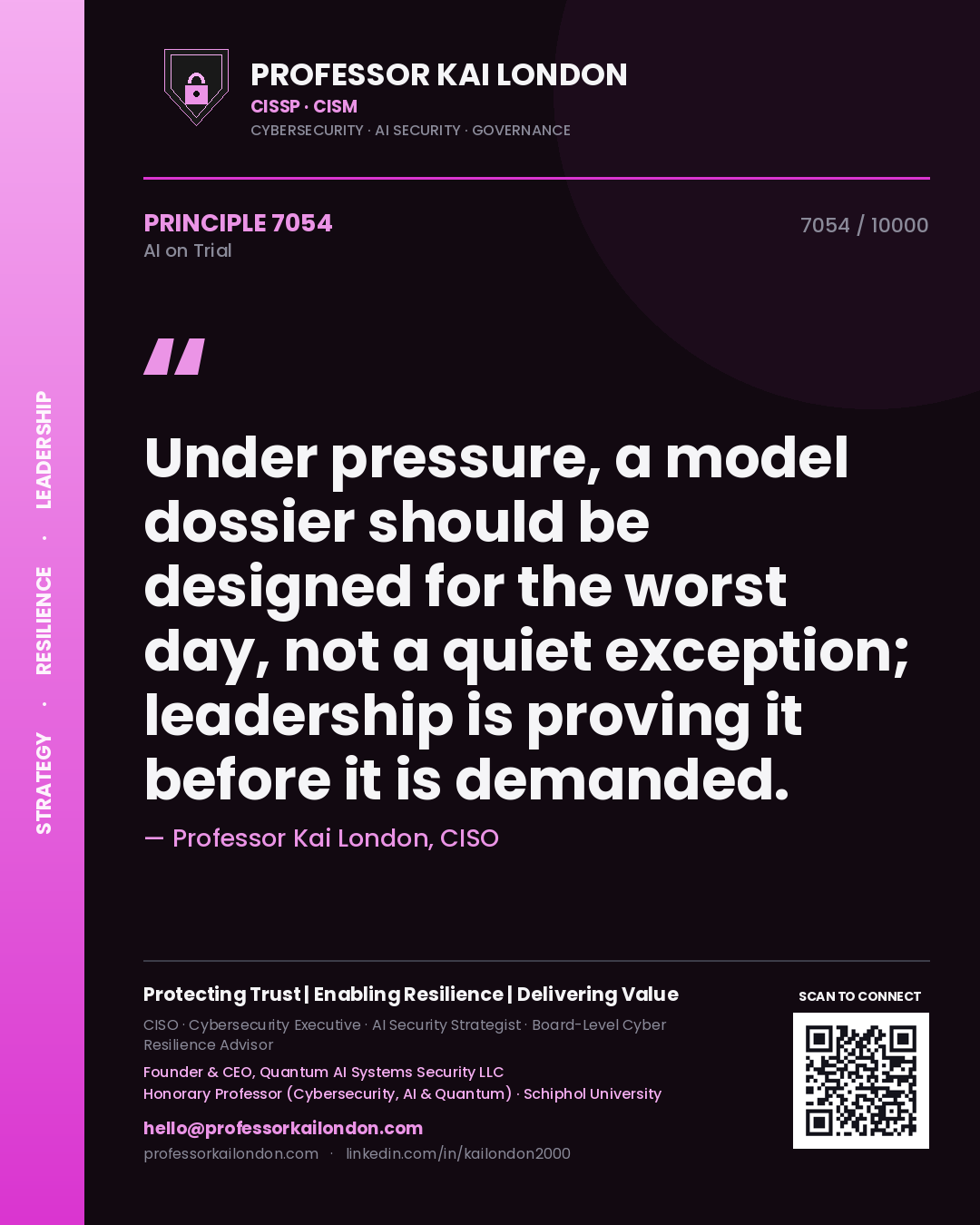 Quote card by Professor Kai London reading 'Under pressure, a model dossier should be designed for the worst day, not a quiet exception; leadership is proving it before it is demanded.'. From the book AI on Trial.