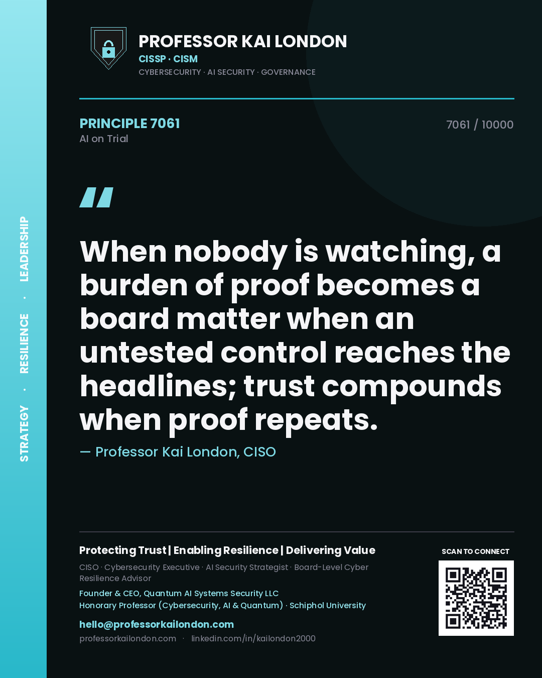 Professor Kai London principle 7061: When nobody is watching, a burden of proof becomes a board matter when an untested control reaches the headlines; trust compounds when proof repeats.