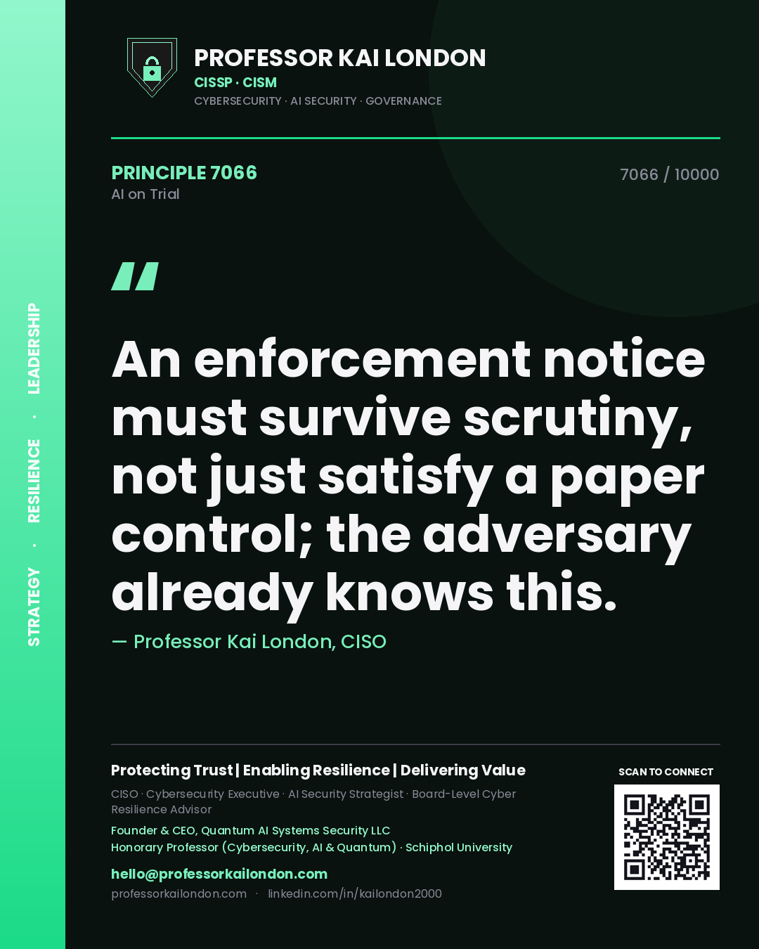 Professor Kai London principle 7066: An enforcement notice must survive scrutiny, not just satisfy a paper control; the adversary already knows this.