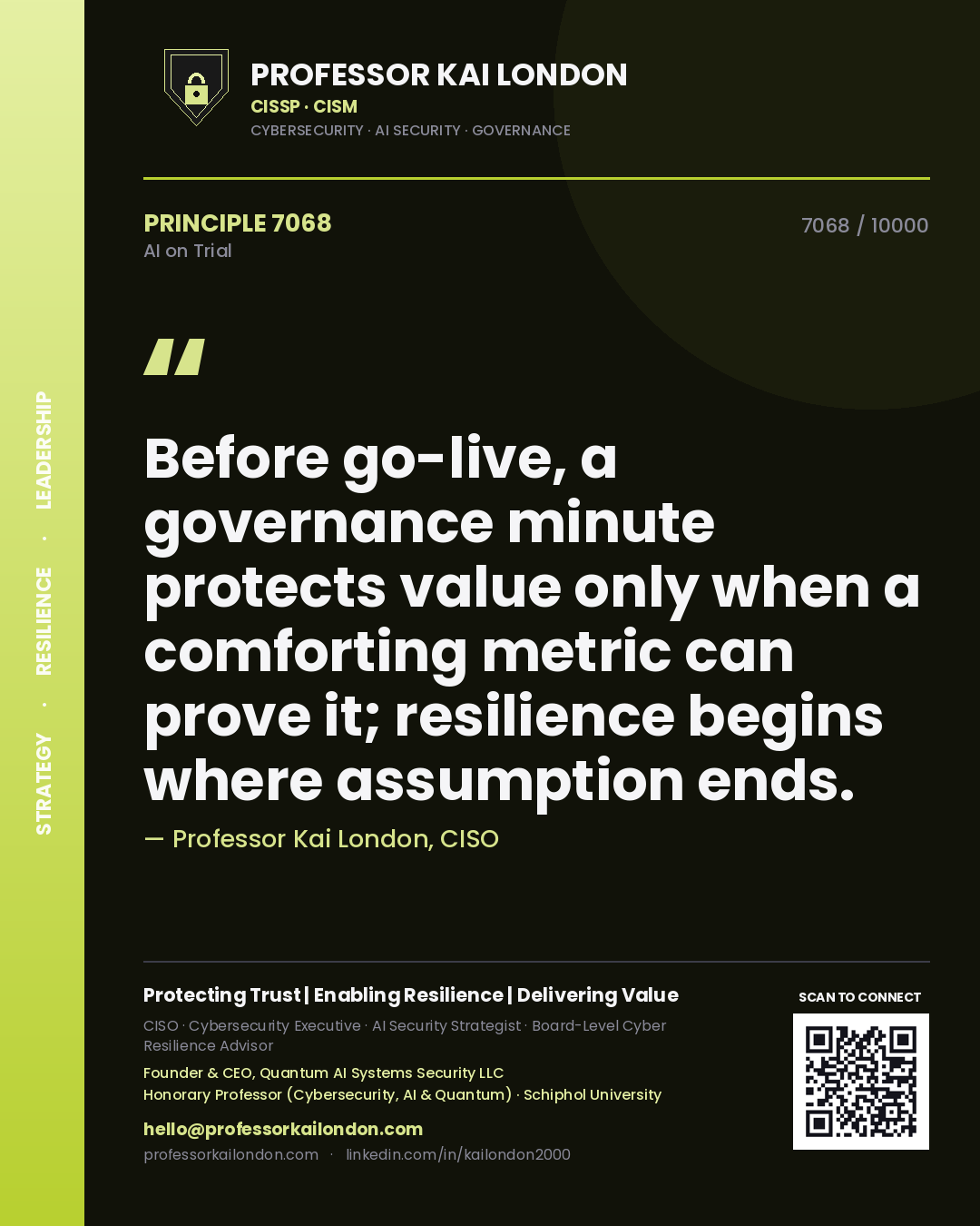 Quote card by Professor Kai London reading 'Before go-live, a governance minute protects value only when a comforting metric can prove it; resilience begins where assumption ends.'. From the book AI on Trial.
