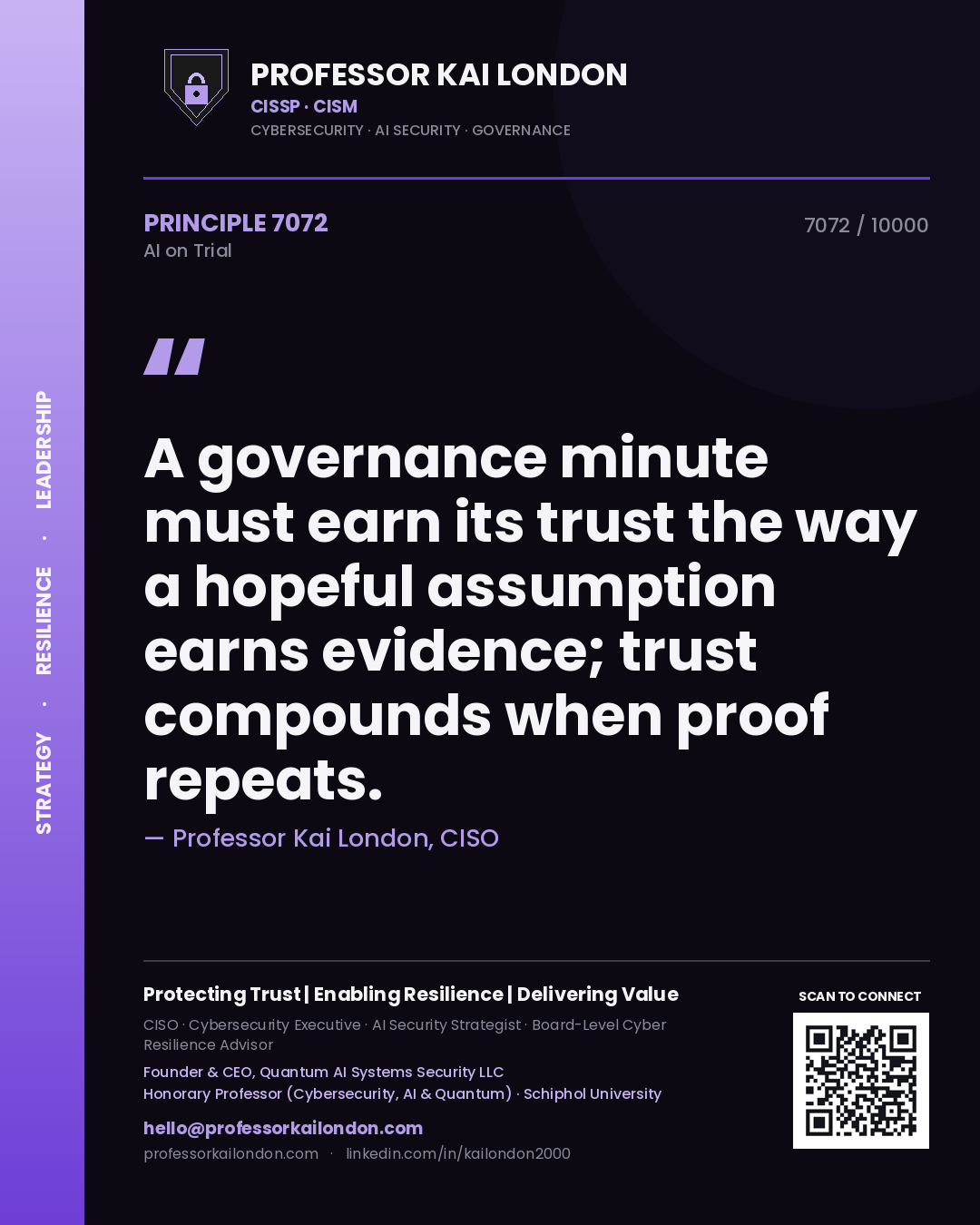 Professor Kai London principle 7072: A governance minute must earn its trust the way a hopeful assumption earns evidence; trust compounds when proof repeats.