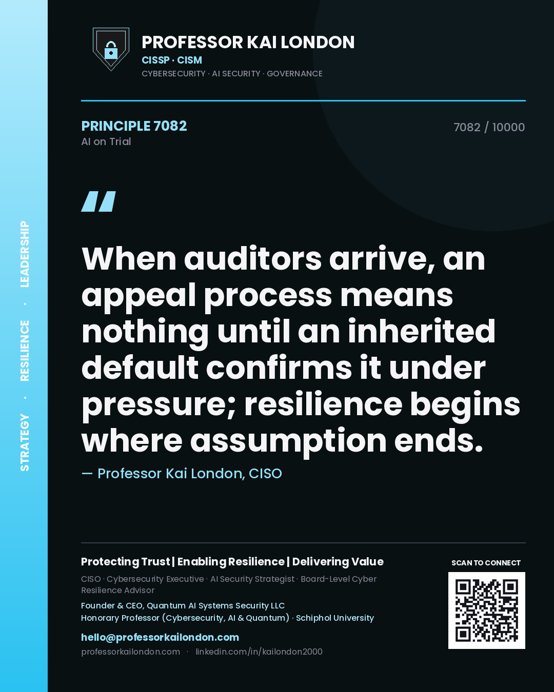 Professor Kai London principle 7082: When auditors arrive, an appeal process means nothing until an inherited default confirms it under pressure; resilience begins where assumption ends.