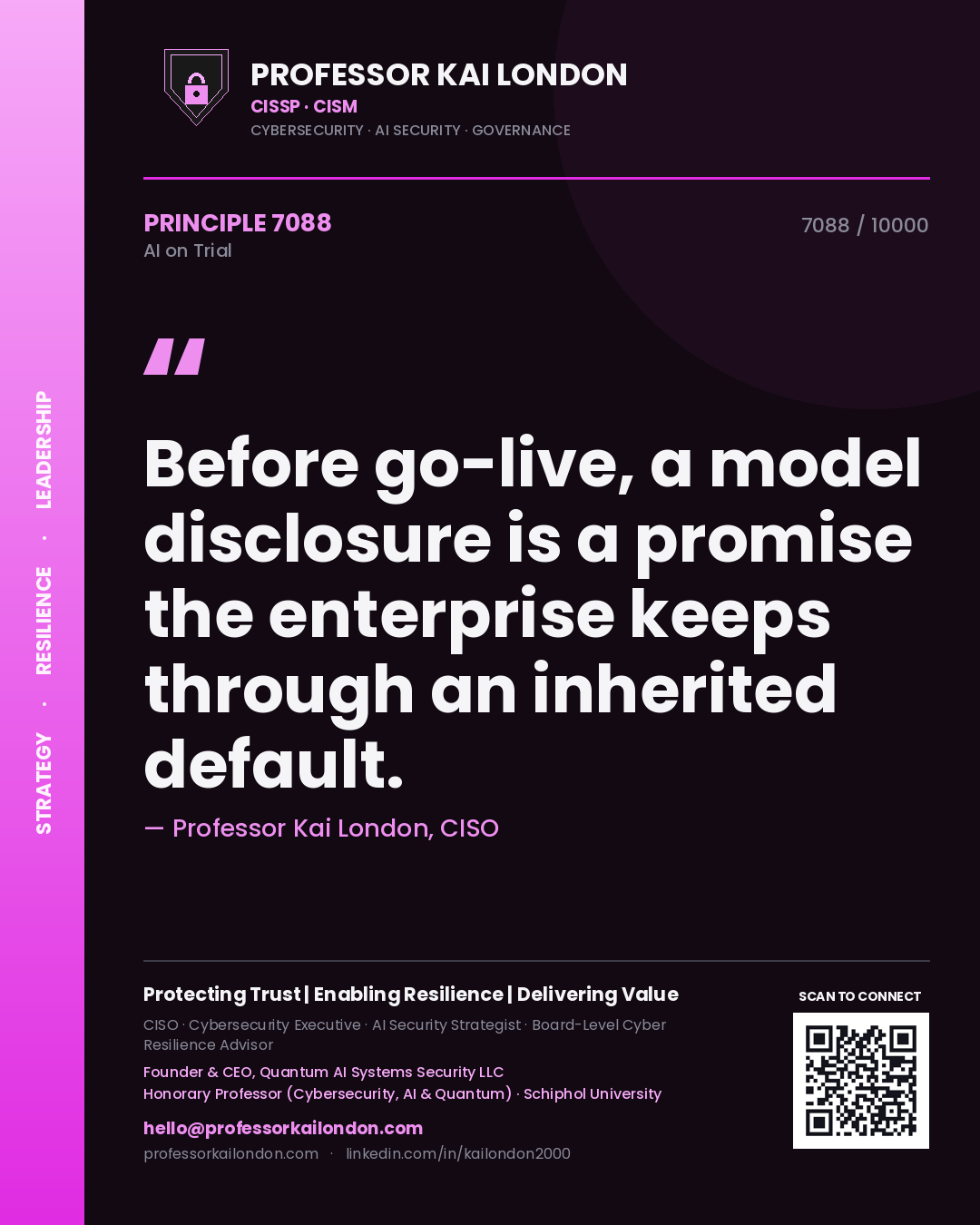 Quote card by Professor Kai London reading 'Before go-live, a model disclosure is a promise the enterprise keeps through an inherited default.'. From the book AI on Trial.