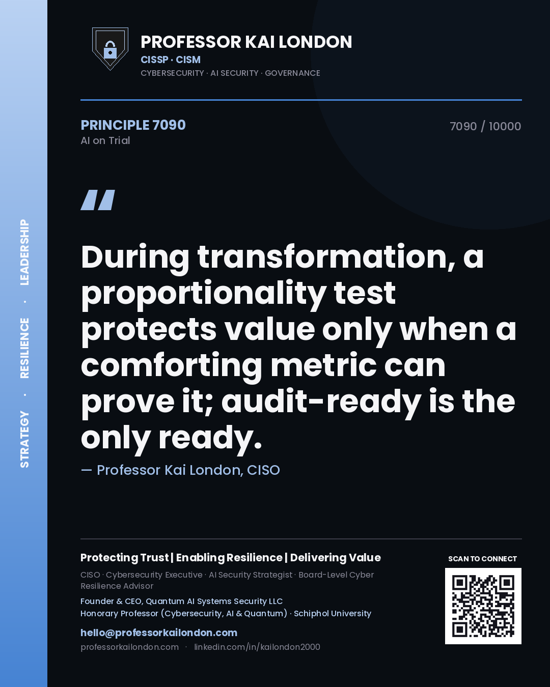 Professor Kai London principle 7090: During transformation, a proportionality test protects value only when a comforting metric can prove it; audit-ready is the only ready.