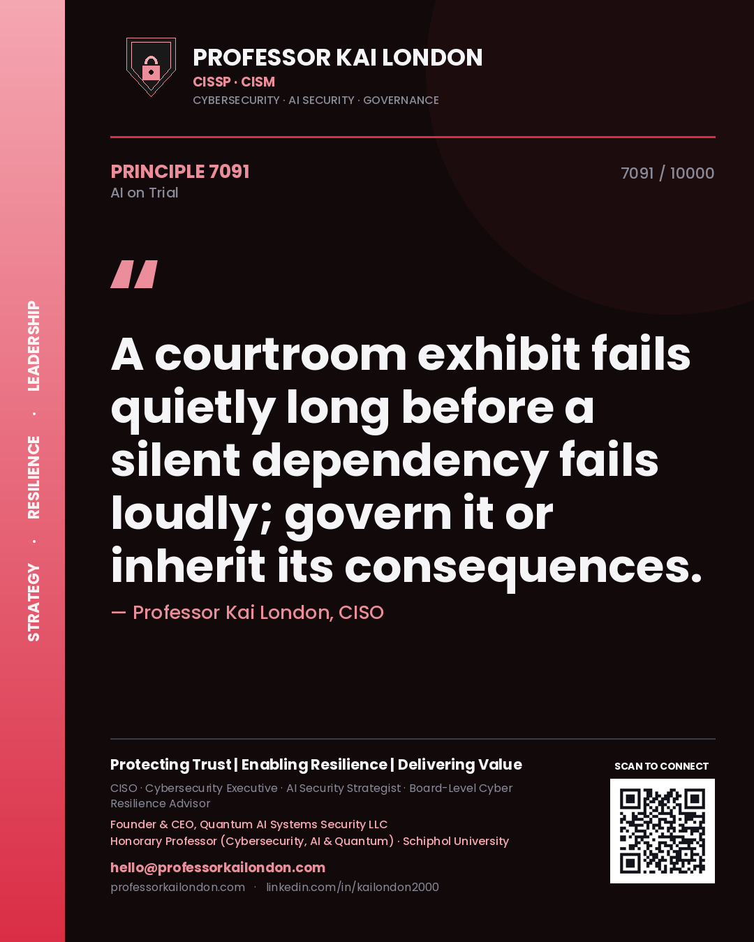 Quote card by Professor Kai London reading 'A courtroom exhibit fails quietly long before a silent dependency fails loudly; govern it or inherit its consequences.'. From the book AI on Trial.