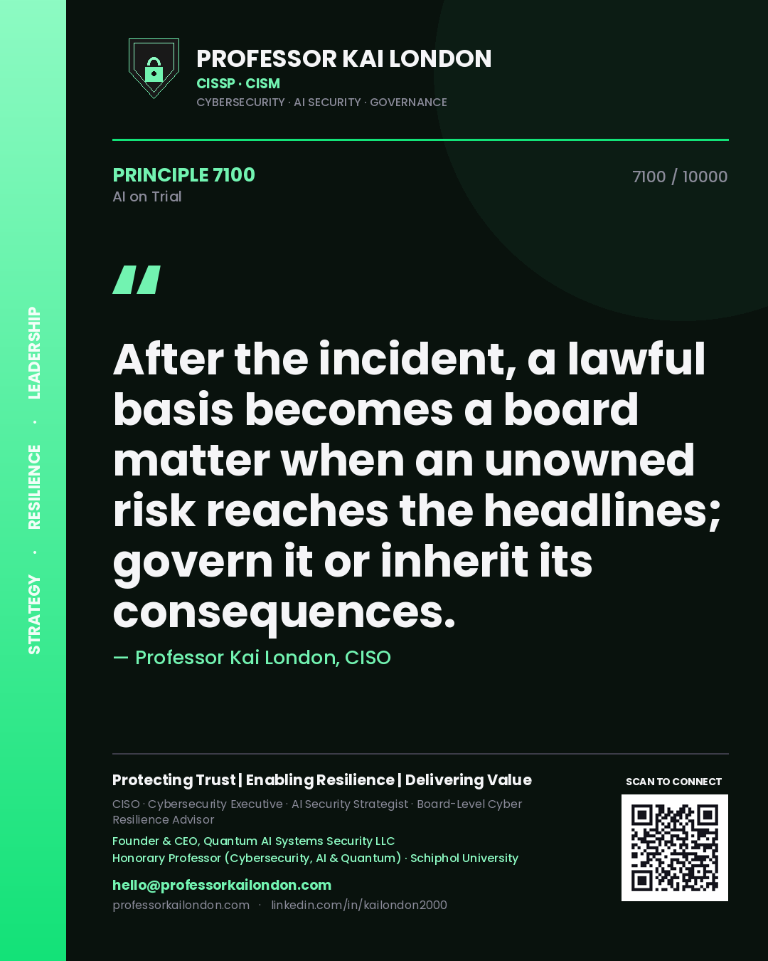 Quote card by Professor Kai London reading 'After the incident, a lawful basis becomes a board matter when an unowned risk reaches the headlines; govern it or inherit its consequences.'. From the book AI on Trial.