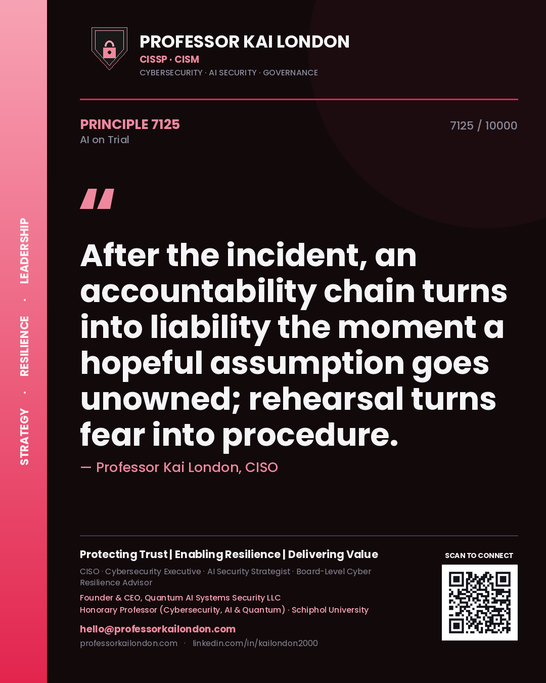 Quote card by Professor Kai London reading 'After the incident, an accountability chain turns into liability the moment a hopeful assumption goes unowned; rehearsal turns fear into procedure.'. From the book AI on Trial.