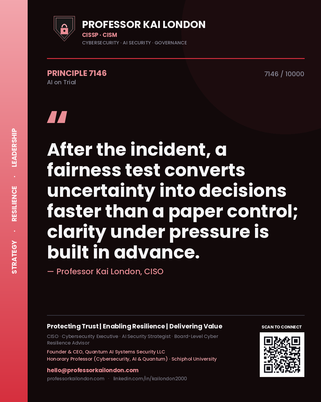 Quote card by Professor Kai London reading 'After the incident, a fairness test converts uncertainty into decisions faster than a paper control; clarity under pressure is built in advance.'. From the book AI on Trial.