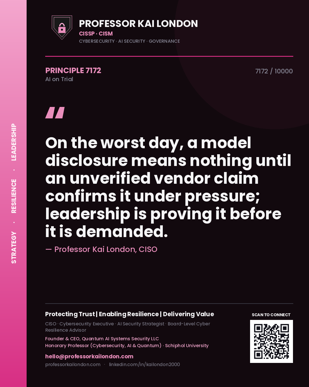 Professor Kai London principle 7172: On the worst day, a model disclosure means nothing until an unverified vendor claim confirms it under pressure; leadership is proving it before it is demanded.