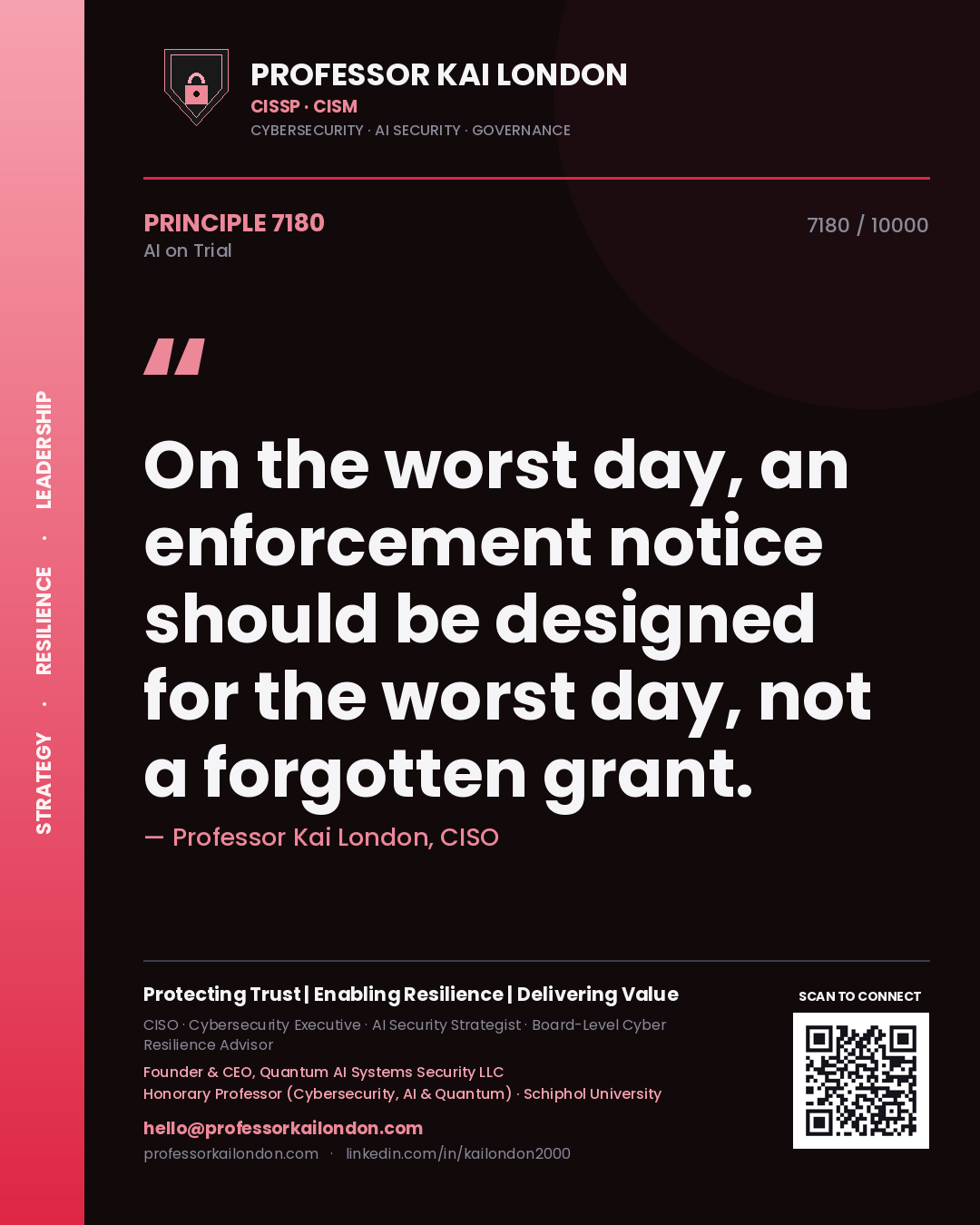 Quote card by Professor Kai London reading 'On the worst day, an enforcement notice should be designed for the worst day, not a forgotten grant.'. From the book AI on Trial.