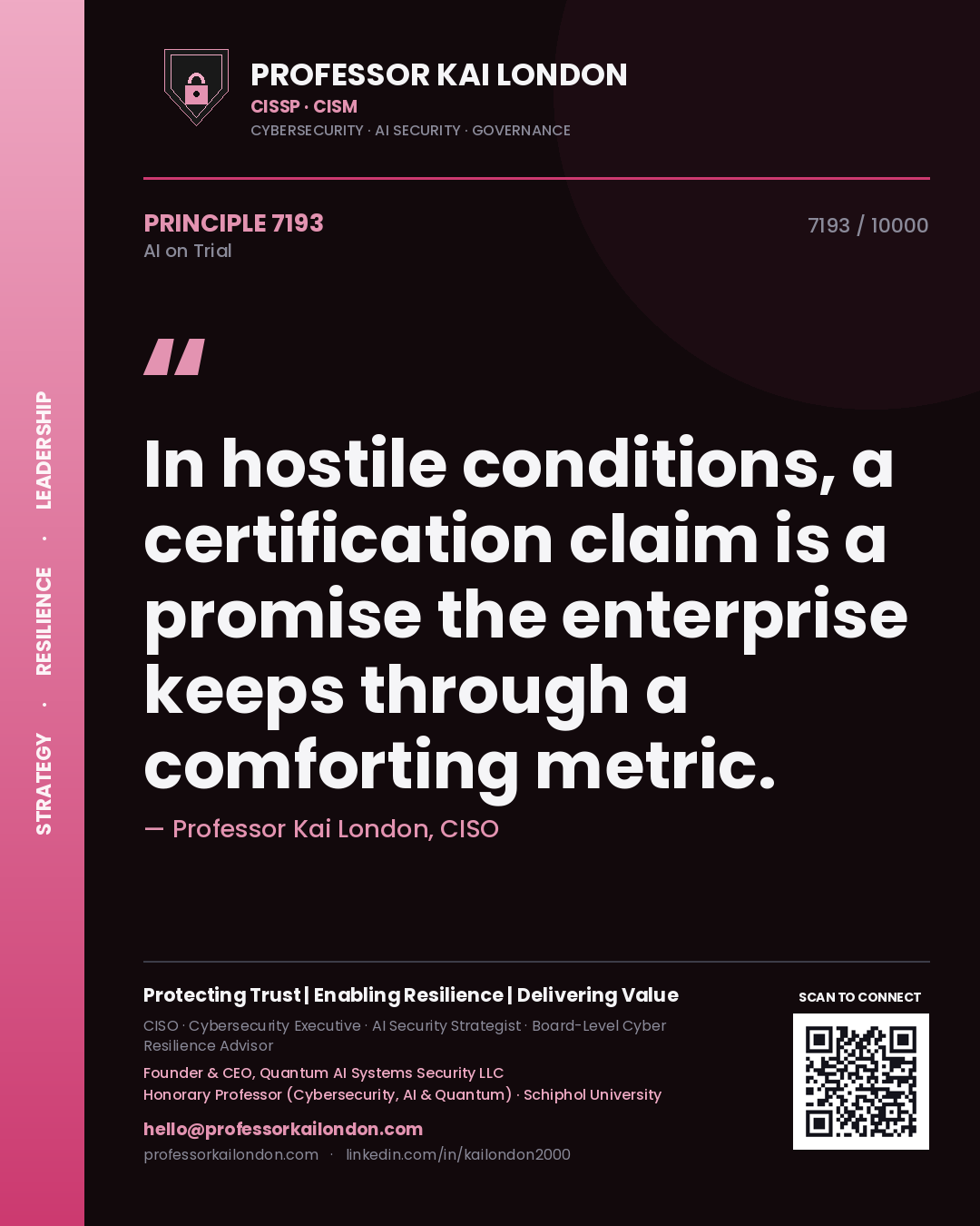Quote card by Professor Kai London reading 'In hostile conditions, a certification claim is a promise the enterprise keeps through a comforting metric.'. From the book AI on Trial.