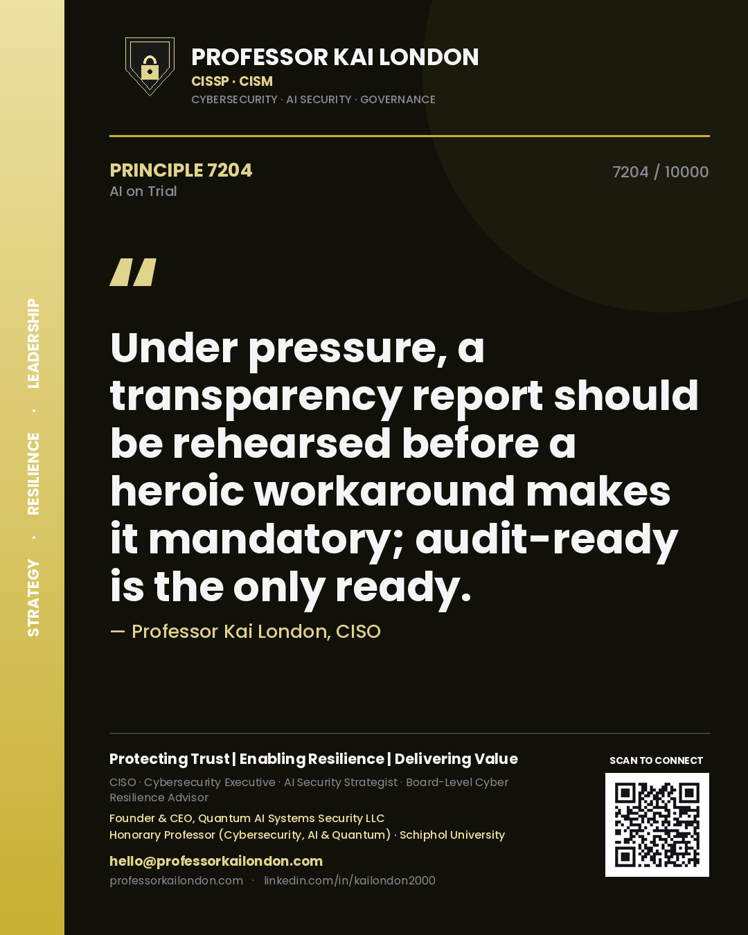 Professor Kai London principle 7204: Under pressure, a transparency report should be rehearsed before a heroic workaround makes it mandatory; audit-ready is the only ready.