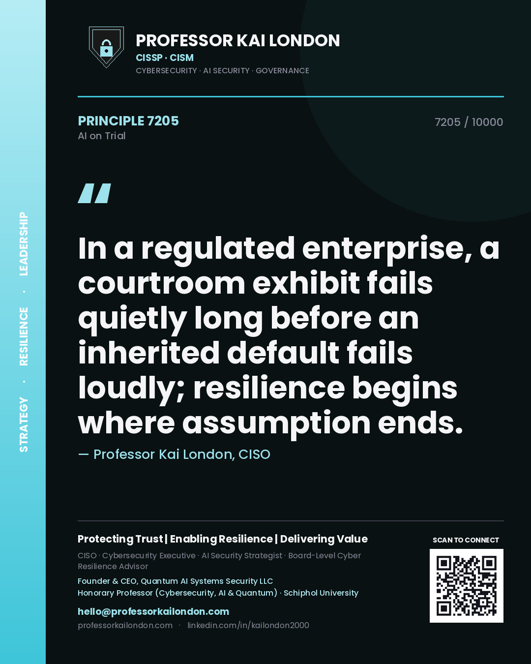 Professor Kai London principle 7205: In a regulated enterprise, a courtroom exhibit fails quietly long before an inherited default fails loudly; resilience begins where assumption ends.