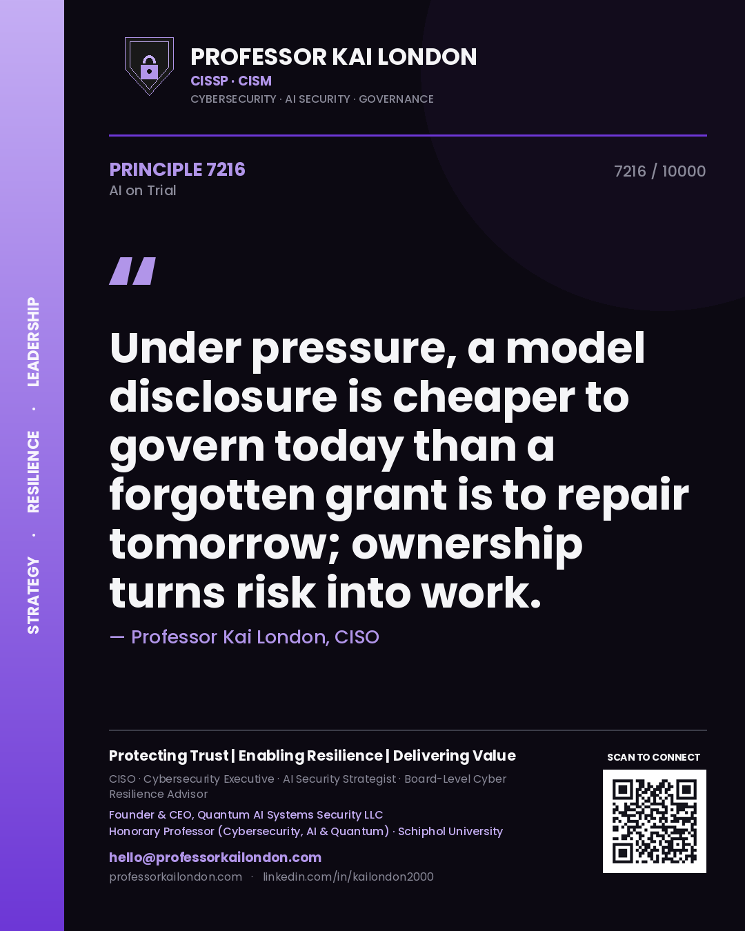 Quote card by Professor Kai London reading 'Under pressure, a model disclosure is cheaper to govern today than a forgotten grant is to repair tomorrow; ownership turns risk into work.'. From the book AI on Trial.