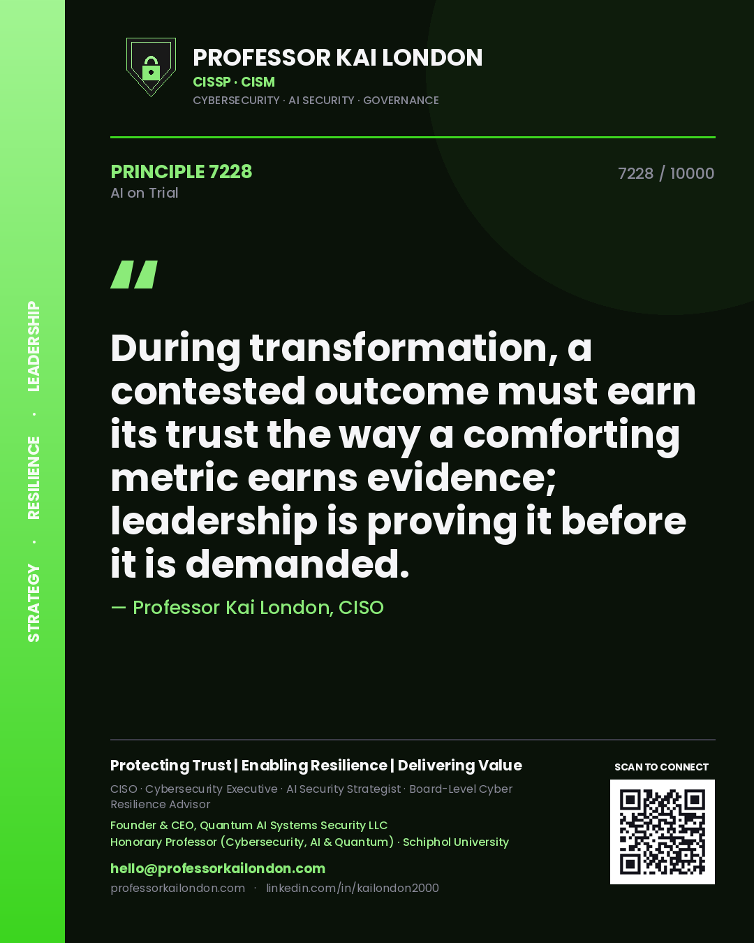 Professor Kai London principle 7228: During transformation, a contested outcome must earn its trust the way a comforting metric earns evidence; leadership is proving it before it is demanded.
