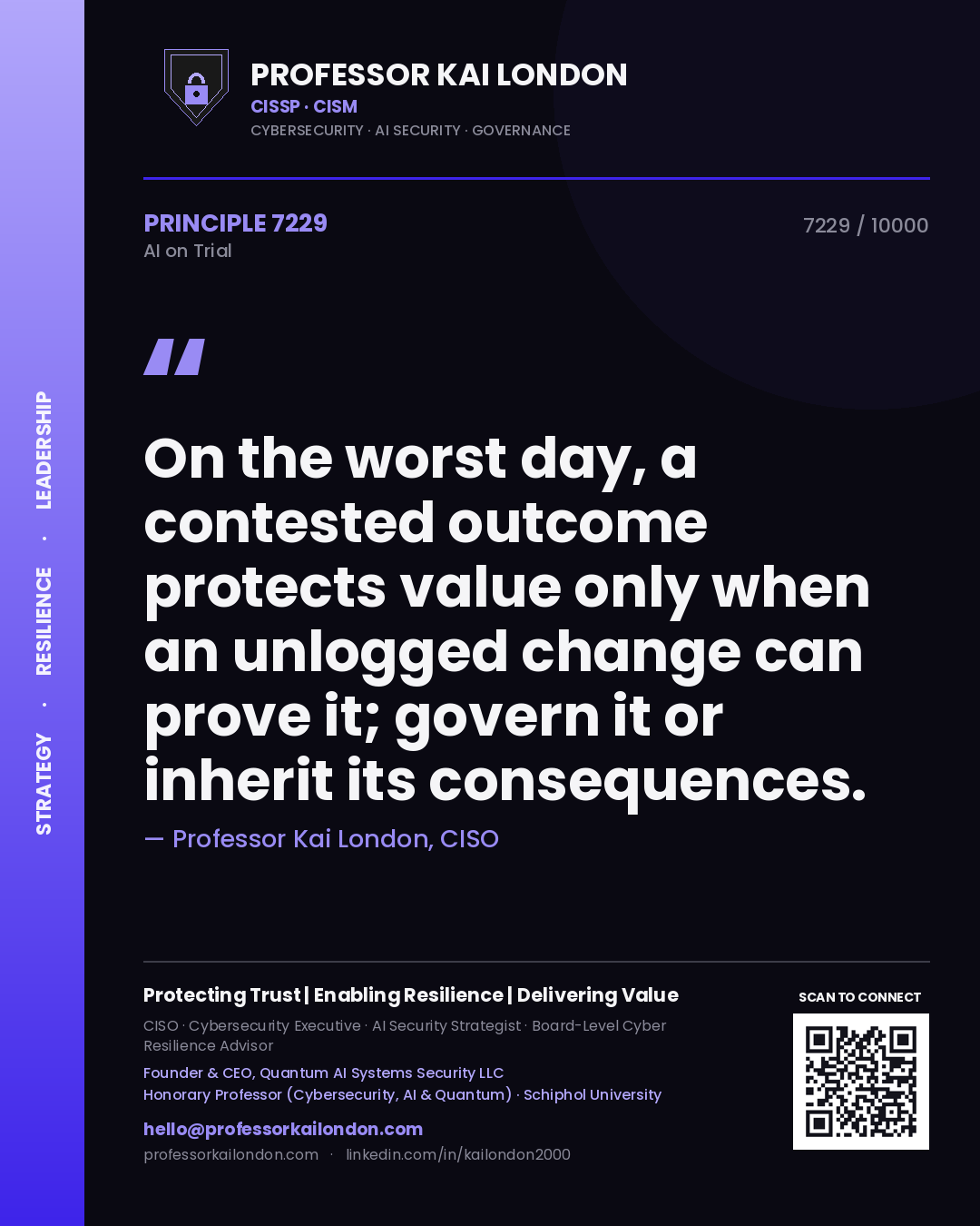 Professor Kai London principle 7229: On the worst day, a contested outcome protects value only when an unlogged change can prove it; govern it or inherit its consequences.