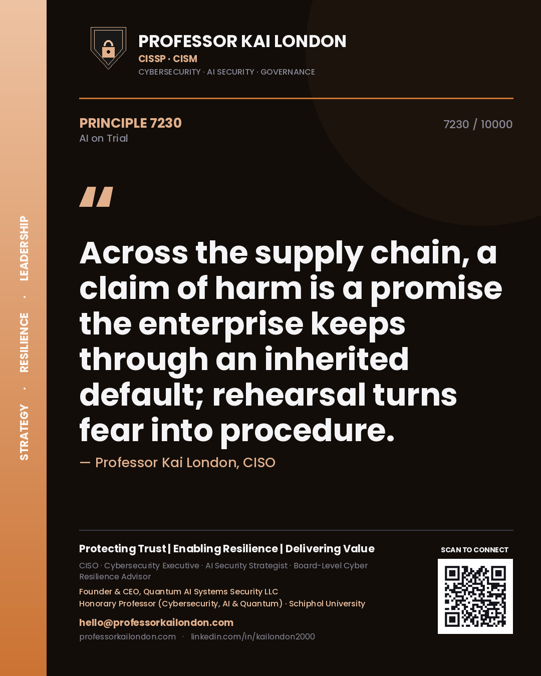 Professor Kai London principle 7230: Across the supply chain, a claim of harm is a promise the enterprise keeps through an inherited default; rehearsal turns fear into procedure.