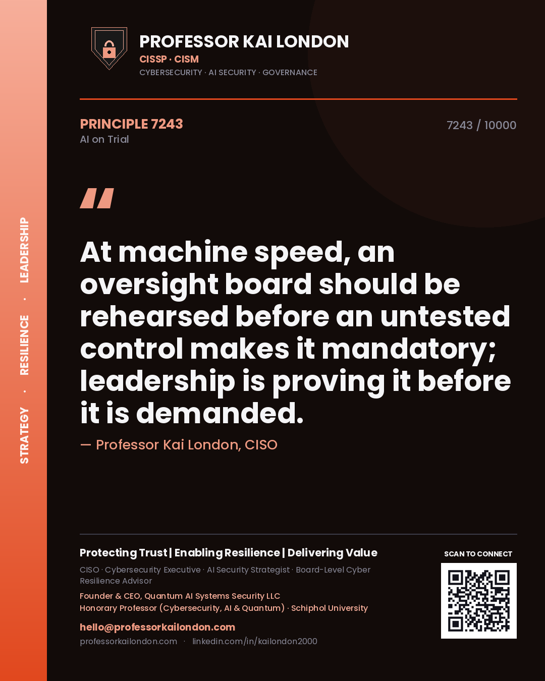 Quote card by Professor Kai London reading 'At machine speed, an oversight board should be rehearsed before an untested control makes it mandatory; leadership is proving it before it is demanded.'. From the book AI on Trial.
