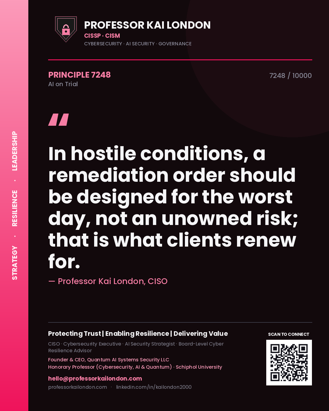 Professor Kai London principle 7248: In hostile conditions, a remediation order should be designed for the worst day, not an unowned risk; that is what clients renew for.