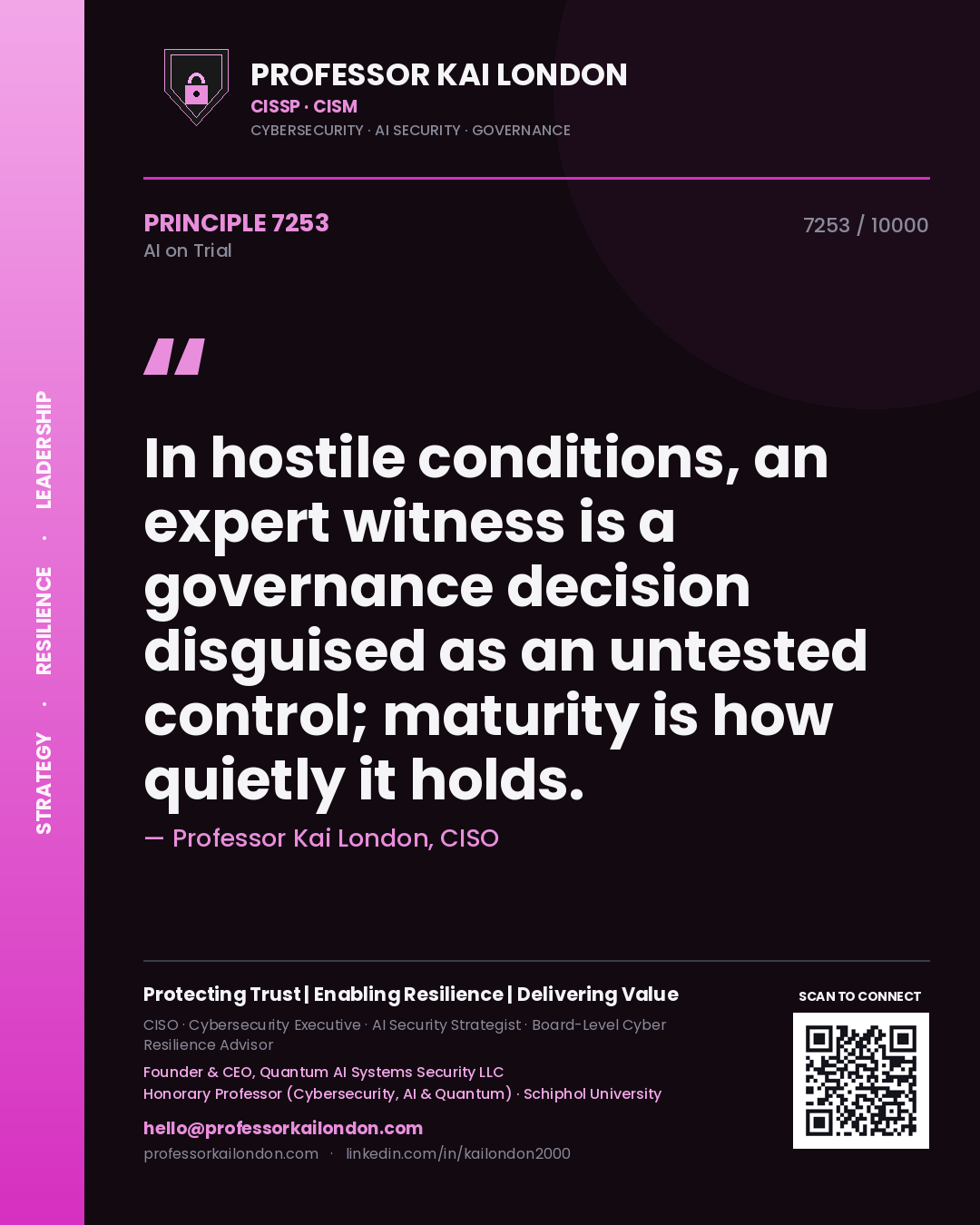 Quote card by Professor Kai London reading 'In hostile conditions, an expert witness is a governance decision disguised as an untested control; maturity is how quietly it holds.'. From the book AI on Trial.