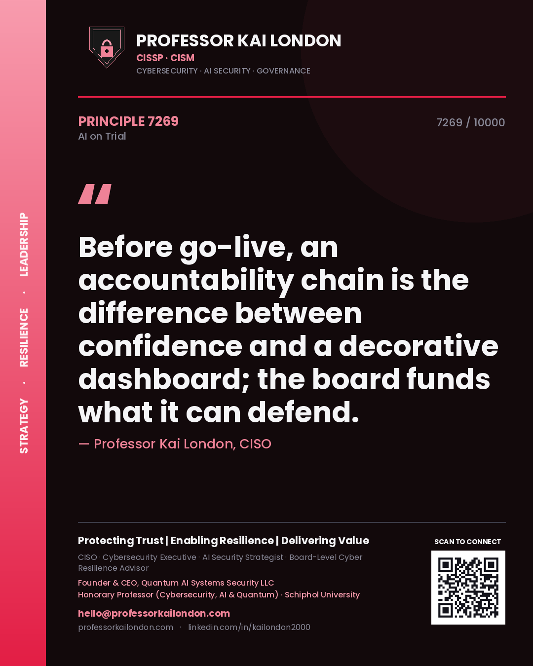 Professor Kai London principle 7269: Before go-live, an accountability chain is the difference between confidence and a decorative dashboard; the board funds what it can defend.