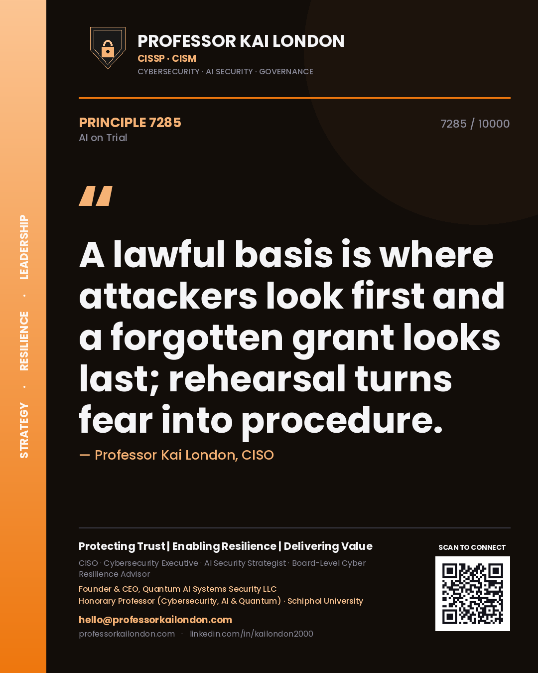 Professor Kai London principle 7285: A lawful basis is where attackers look first and a forgotten grant looks last; rehearsal turns fear into procedure.
