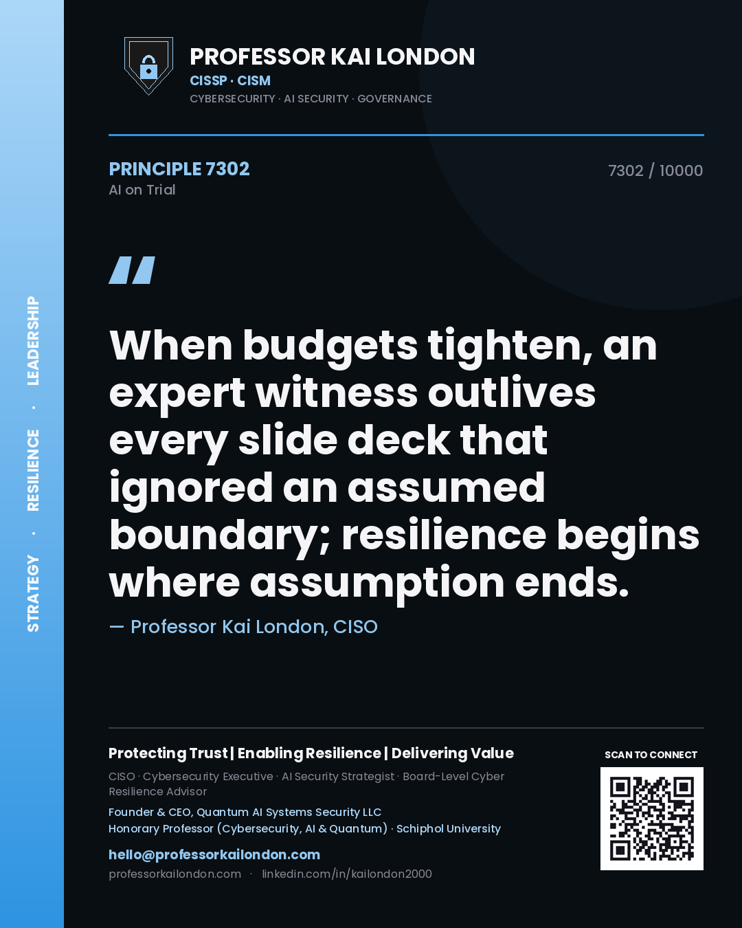 Professor Kai London principle 7302: When budgets tighten, an expert witness outlives every slide deck that ignored an assumed boundary; resilience begins where assumption ends.