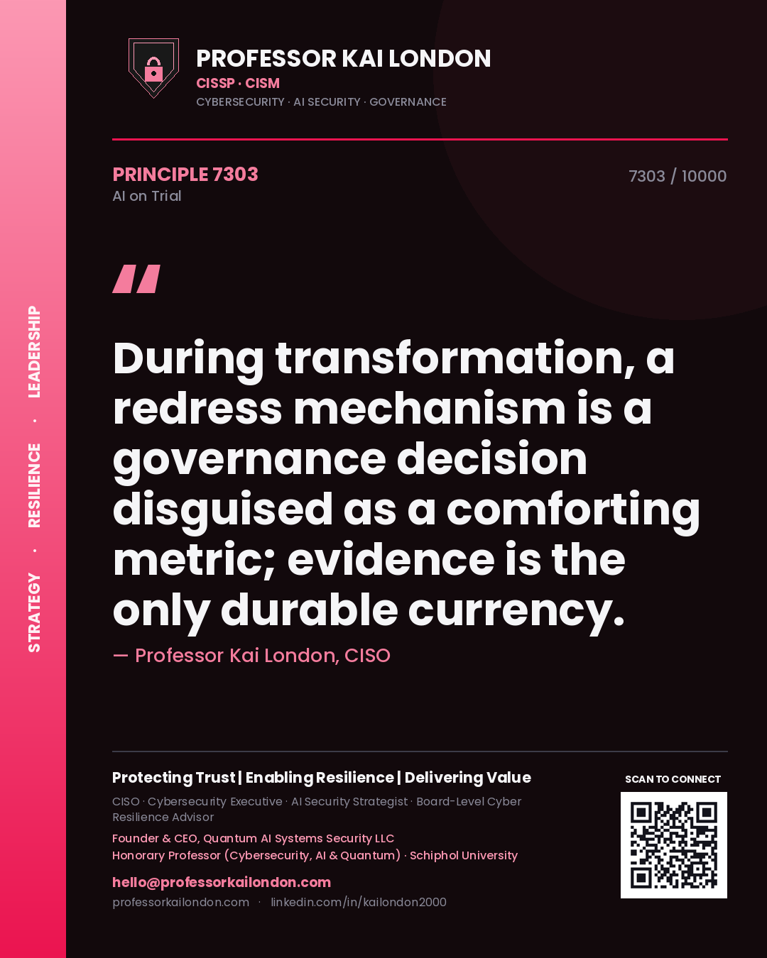 Professor Kai London principle 7303: During transformation, a redress mechanism is a governance decision disguised as a comforting metric; evidence is the only durable currency.