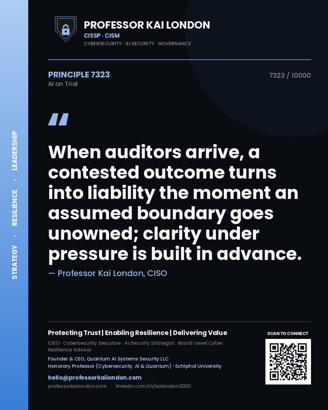 Professor Kai London principle 7323: When auditors arrive, a contested outcome turns into liability the moment an assumed boundary goes unowned; clarity under pressure is built in advance.