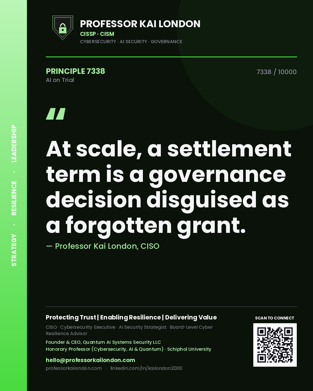 Quote card by Professor Kai London reading 'At scale, a settlement term is a governance decision disguised as a forgotten grant.'. From the book AI on Trial.