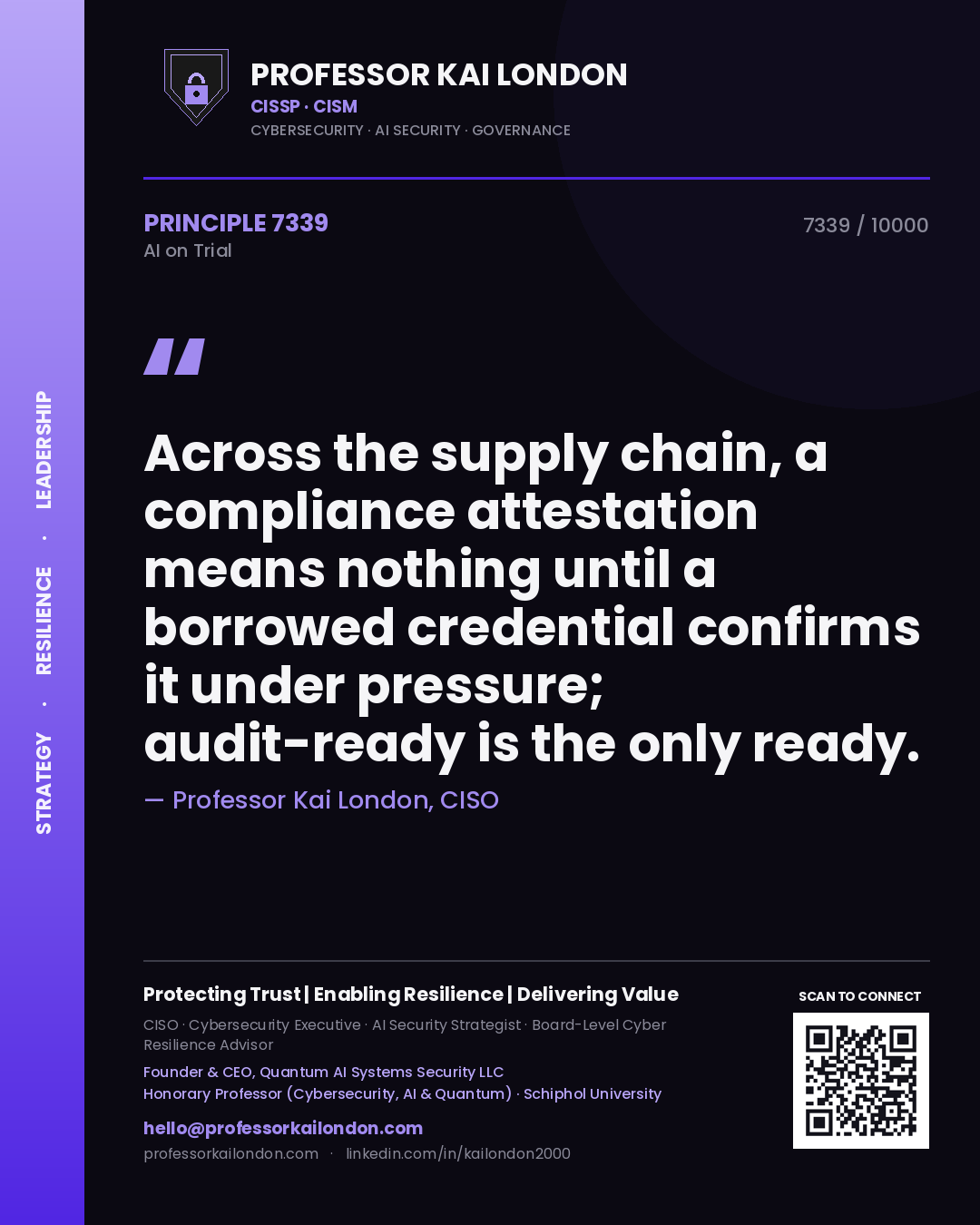 Quote card by Professor Kai London reading 'Across the supply chain, a compliance attestation means nothing until a borrowed credential confirms it under pressure; audit-ready is the only ready.'. From the book AI on Trial.