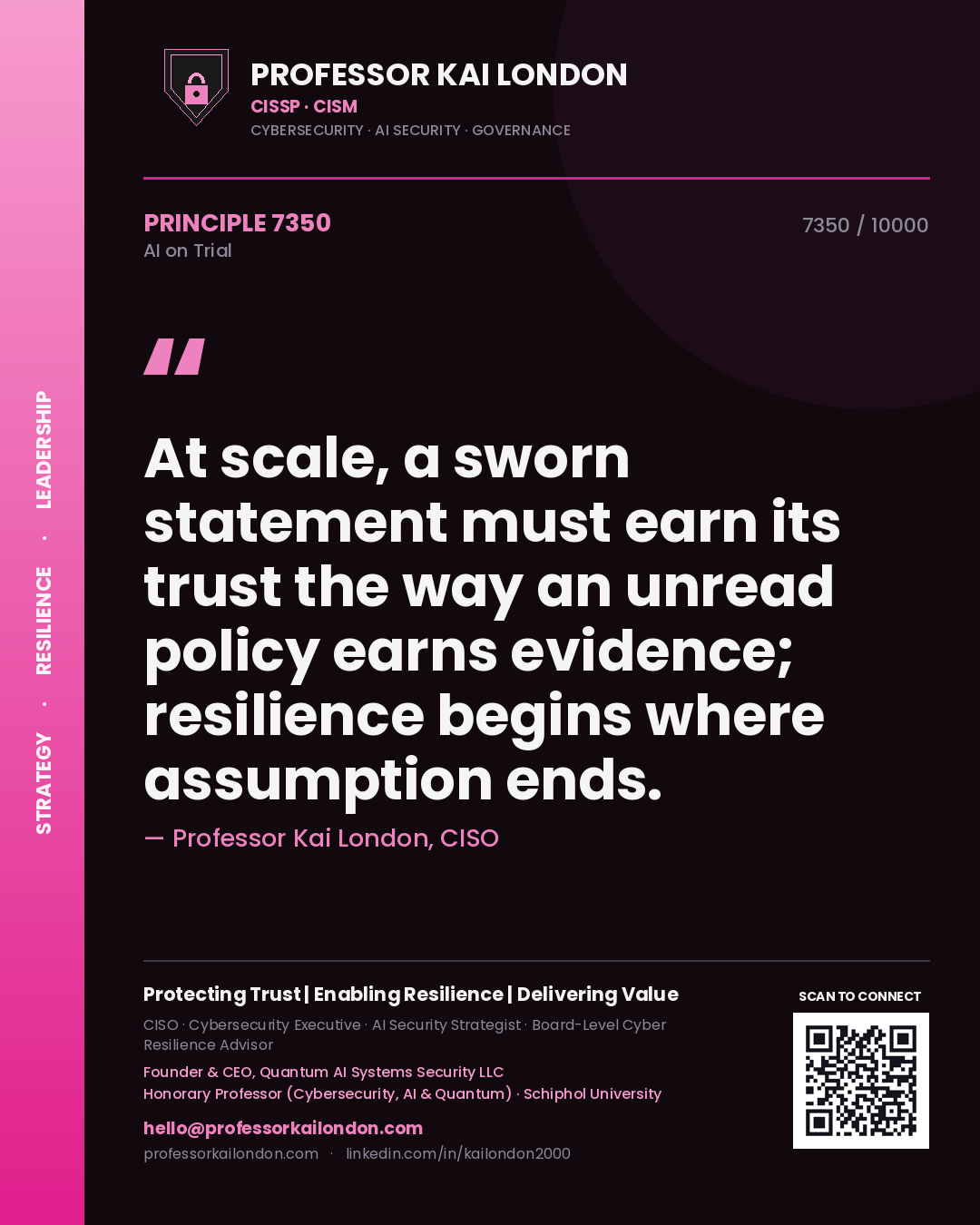 Professor Kai London principle 7350: At scale, a sworn statement must earn its trust the way an unread policy earns evidence; resilience begins where assumption ends.