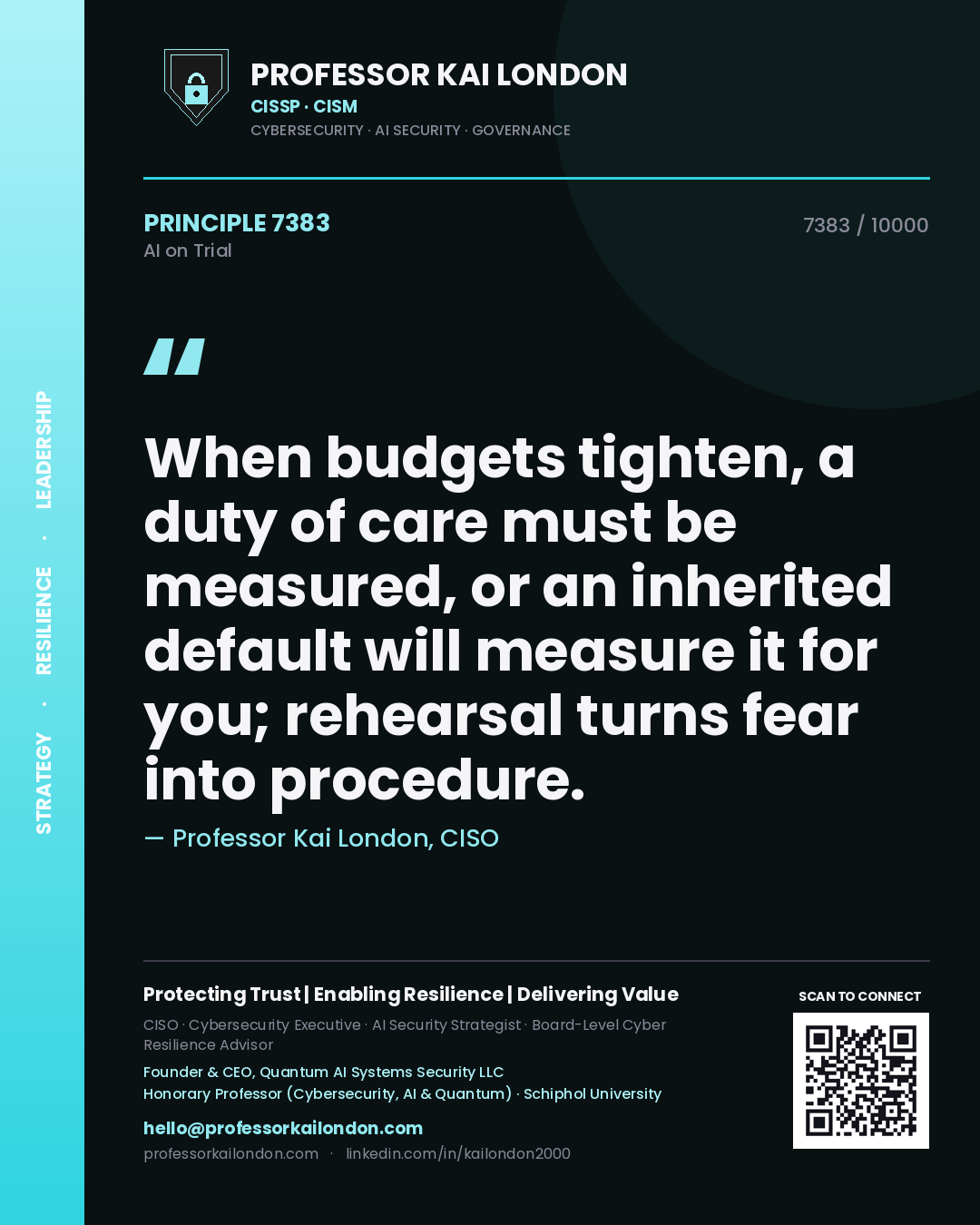 Quote card by Professor Kai London reading 'When budgets tighten, a duty of care must be measured, or an inherited default will measure it for you; rehearsal turns fear into procedure.'. From the book AI on Trial.