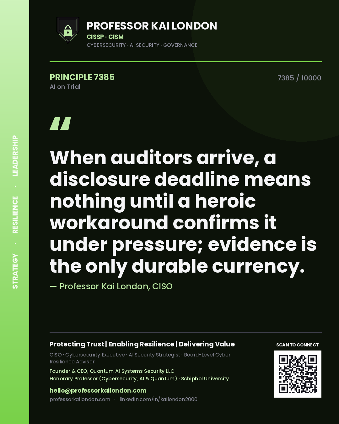 Quote card by Professor Kai London reading 'When auditors arrive, a disclosure deadline means nothing until a heroic workaround confirms it under pressure; evidence is the only durable currency.'. From the book AI on Trial.
