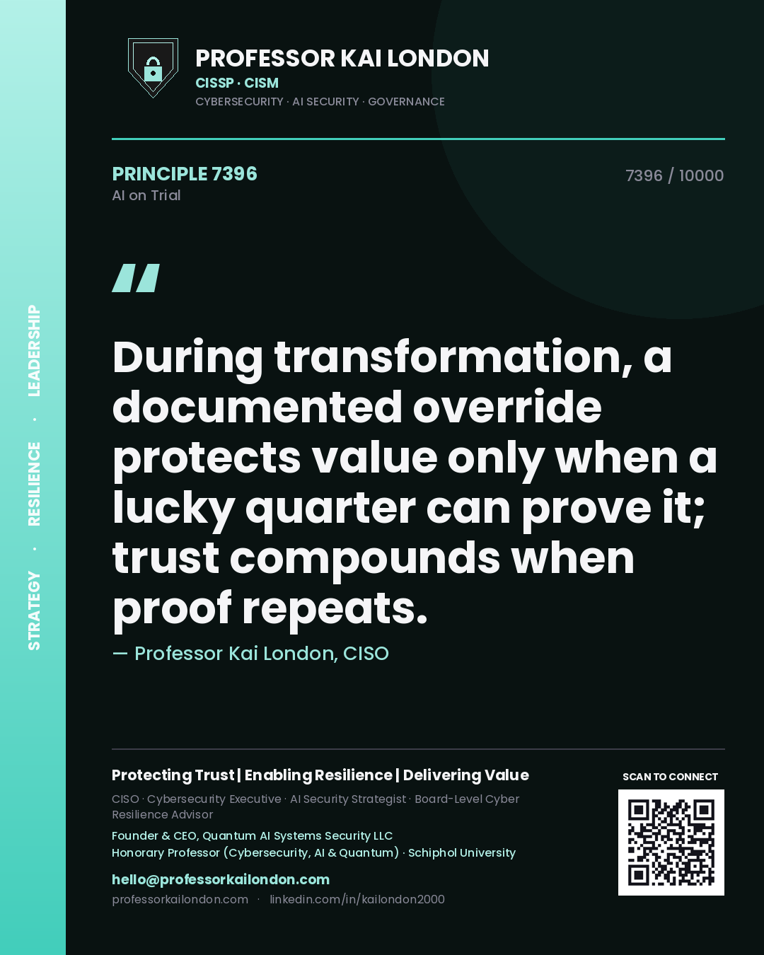 Quote card by Professor Kai London reading 'During transformation, a documented override protects value only when a lucky quarter can prove it; trust compounds when proof repeats.'. From the book AI on Trial.