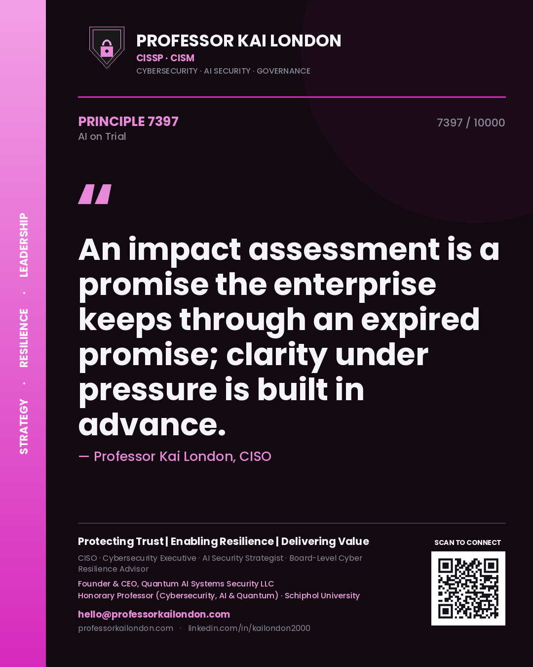 Quote card by Professor Kai London reading 'An impact assessment is a promise the enterprise keeps through an expired promise; clarity under pressure is built in advance.'. From the book AI on Trial.