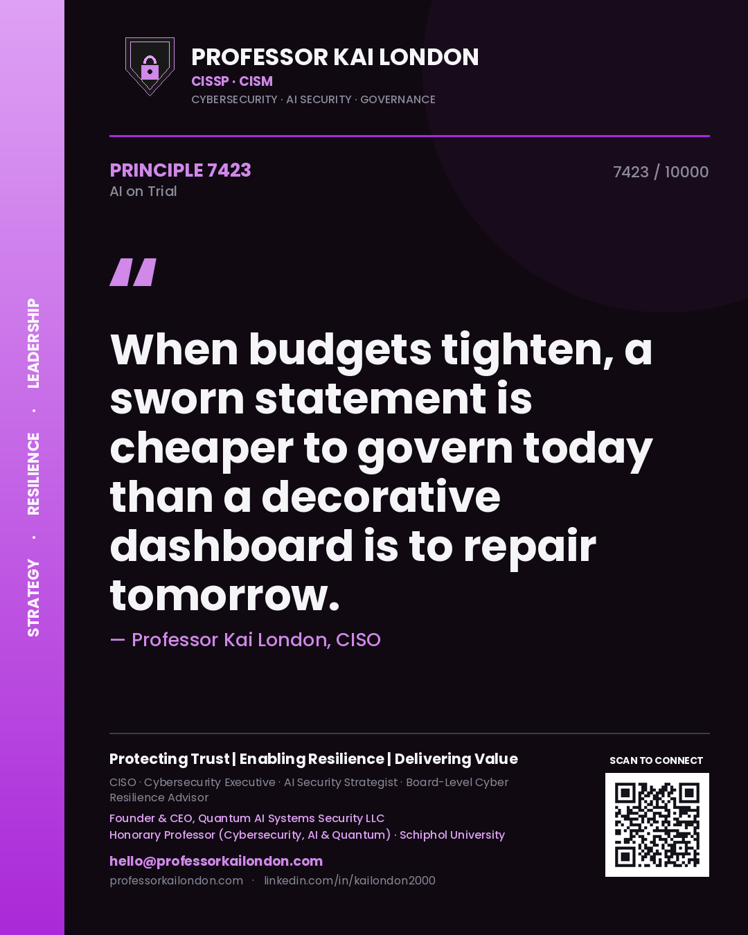 Professor Kai London principle 7423: When budgets tighten, a sworn statement is cheaper to govern today than a decorative dashboard is to repair tomorrow.