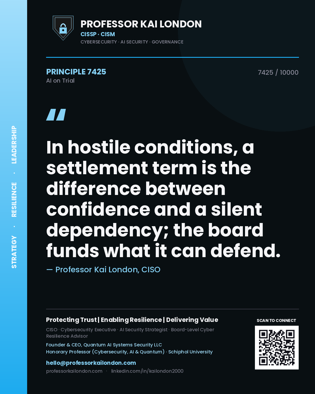 Quote card by Professor Kai London reading 'In hostile conditions, a settlement term is the difference between confidence and a silent dependency; the board funds what it can defend.'. From the book AI on Trial.