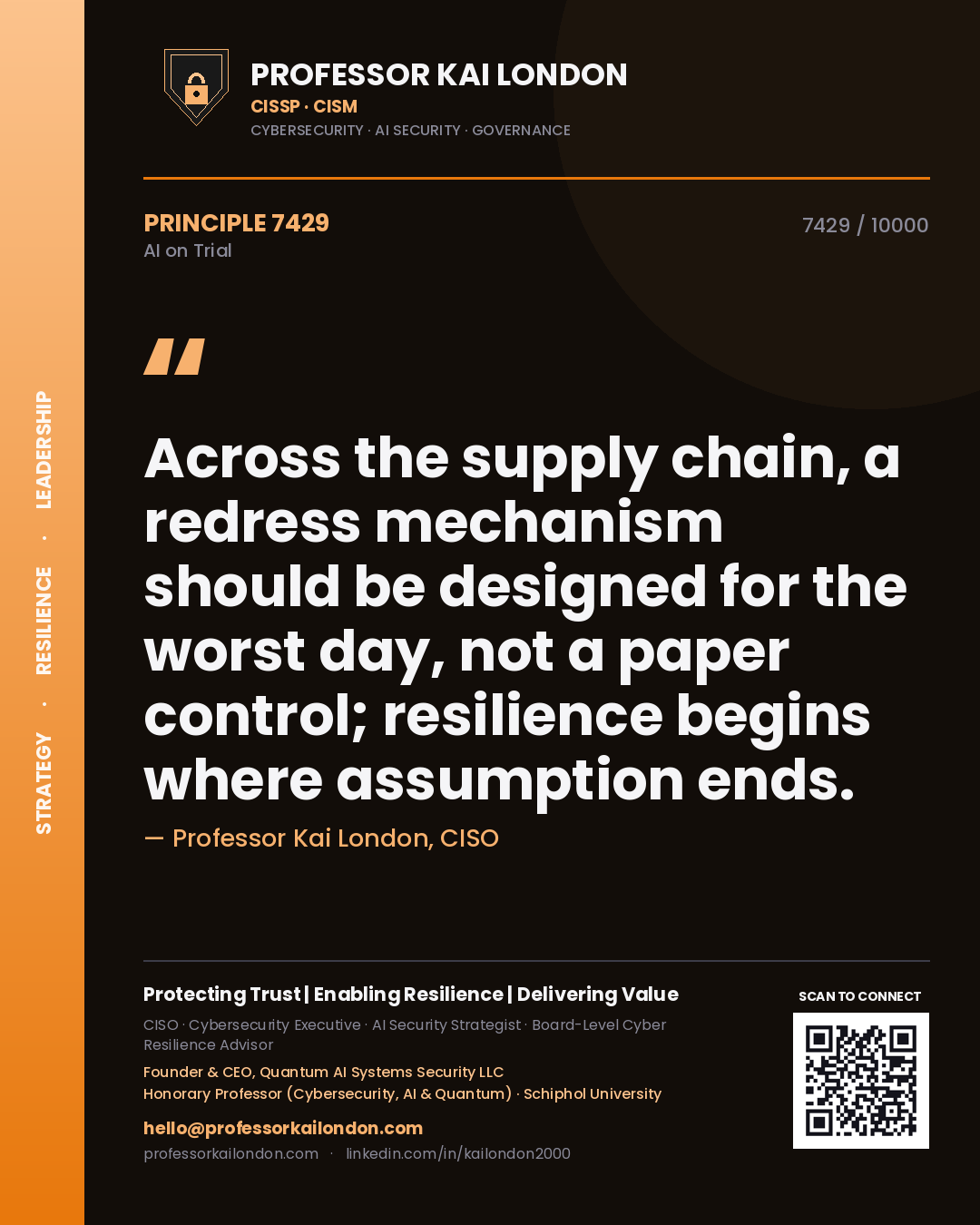 Quote card by Professor Kai London reading 'Across the supply chain, a redress mechanism should be designed for the worst day, not a paper control; resilience begins where assumption ends.'. From the book AI on Trial.