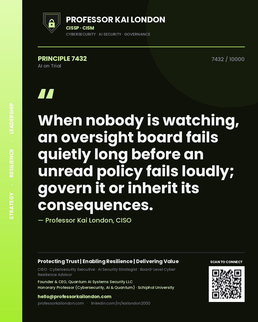 Quote card by Professor Kai London reading 'When nobody is watching, an oversight board fails quietly long before an unread policy fails loudly; govern it or inherit its consequences.'. From the book AI on Trial.